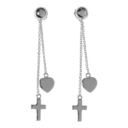 Ear Ball/Crs/Hrt 2Chain Sil Plt Ss Post - Silver Plated Heart and Cross Dangle Earrings