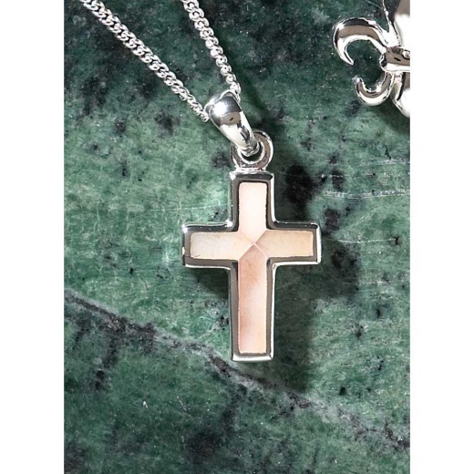 NK-SP SM MOP BOX CRS BALE-18" Necklace - Delicate Mother-of-Pearl Inlay Cross