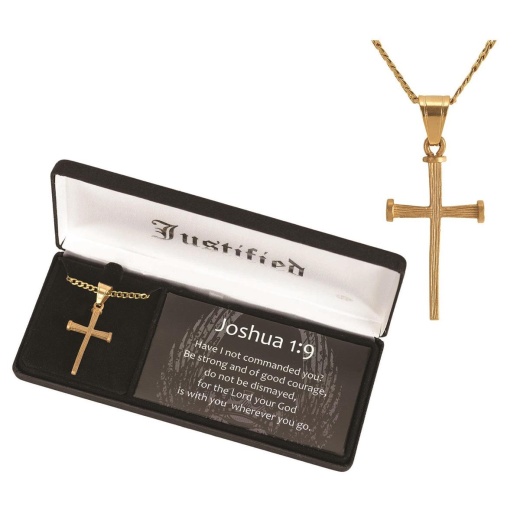 Men's Gold Tone Nail Cross Necklace in Deluxe Gift Box with Joshua 1:9