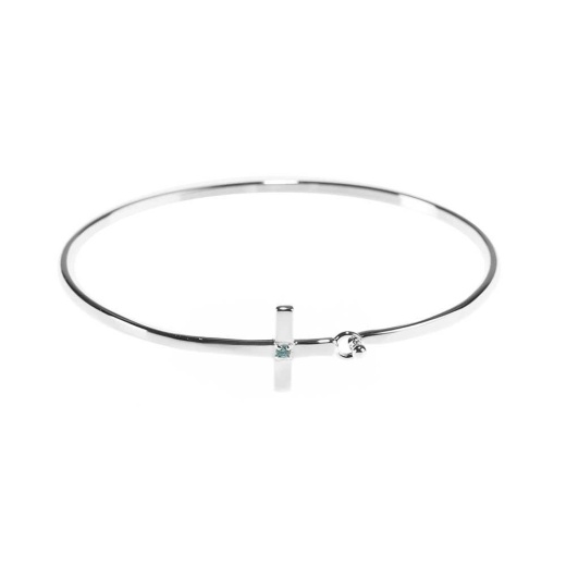 Brc-Sp Mar Sideways Cz Crs: Silver Plated Thin Bangle Sideways Cross March Birthstone