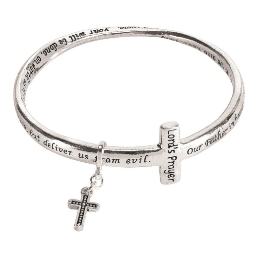 Lord's Prayer Mobius Bangle with Sideways Cross and Textured Cross Drop