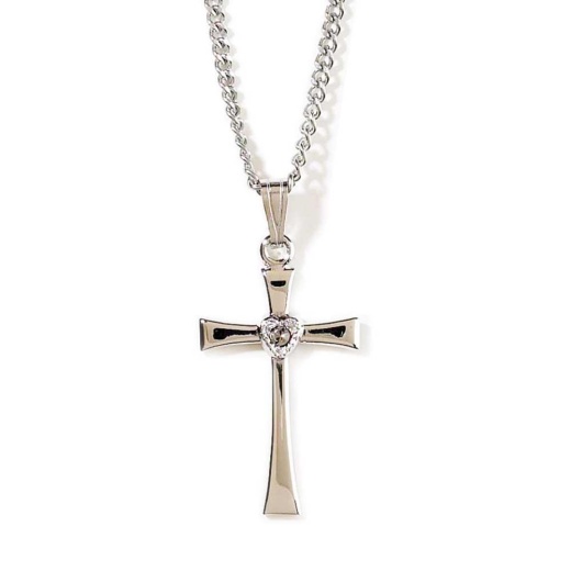 Silver Plated Flared Cross Necklace with Cubic Zirconia Stone Heart Center