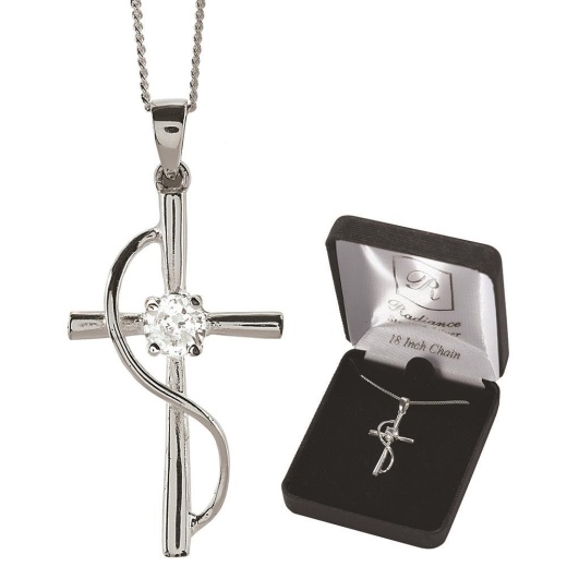 NK SS Cross/Sash CZ Vbale Dbox - Sterling Silver Cross Pendant with CZ Stone Accent