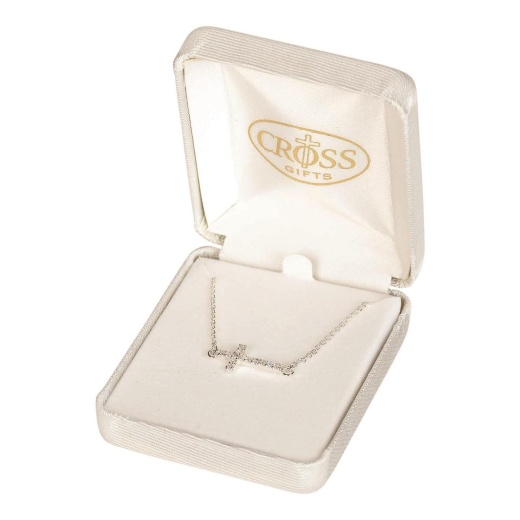 Nk-Sideways Cz Crs Sil Plt 3/4"X1/4"-16": Sparkling Sideways Cross Necklace