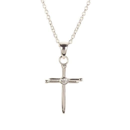 Nail Cross/CZ Silver Plate 18" Chain