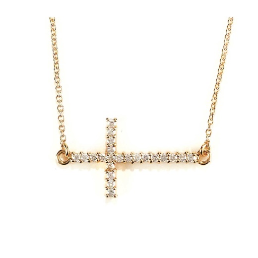 Nk-Gp Sideways Crs-18" Dbox: Gold Plated Sideways CZ Cross Necklace on 18 inch Cable Chain