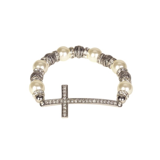 Sideways CZ Curved Cross Bracelet with Pearl and Silver Tone Beads