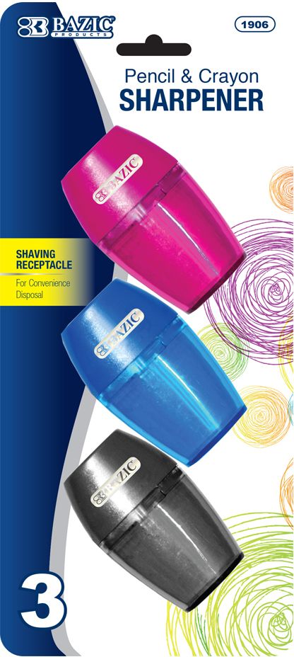Pencil Crayon Sharpeners - 3 Count, Shavings Receptacle, Assorted Colors
