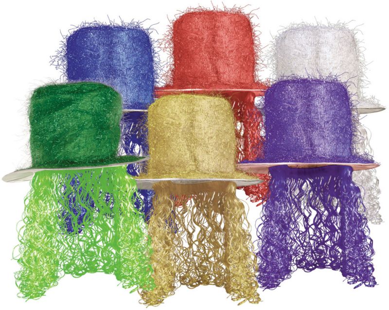 Tinsel Top Hat With Curly Wig - Assorted Colors