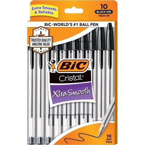 Bic Stick Pens - Black, Medium Point, Clear Barrel, 10 Pack