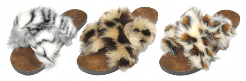 Women's Faux Fur Animal Print Cross Strap Sandals