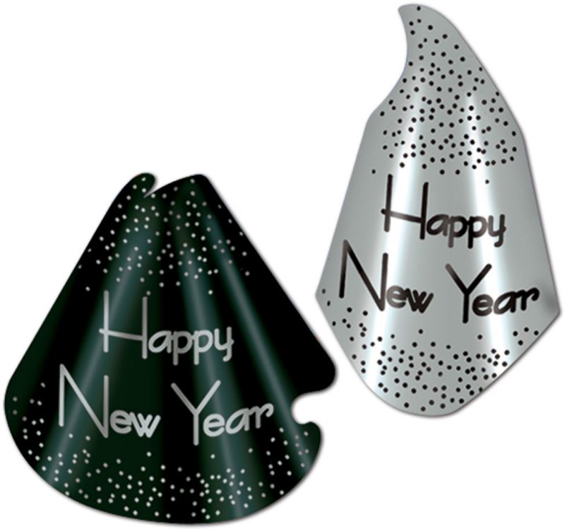 Happy New Year Party Hats - Cone, Black, Silver, Sparkles