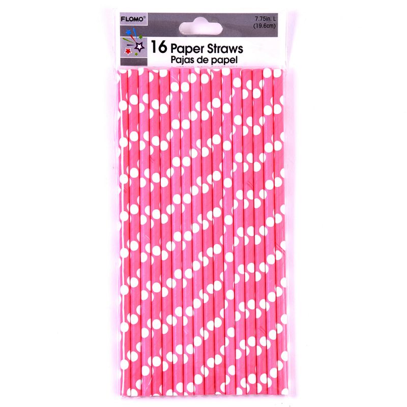 7" Pink Polka Dot Paper Party Straws - 16 Pack