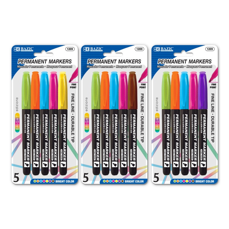 Permanent Markers - 5 Pack, Fine Tip, Assorted Colors