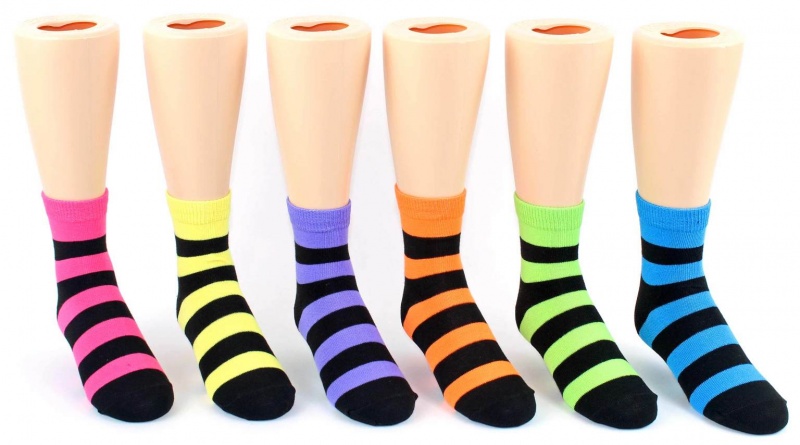 Kid's Novelty Crew Socks - Neon Black Stripes - Size 6-8