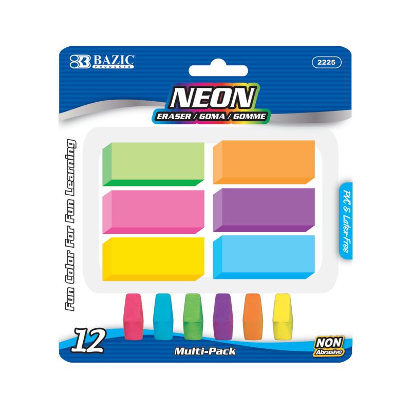 Eraser Sets - 12 Count, Assorted Neon, 6 Bevel 6 Cap