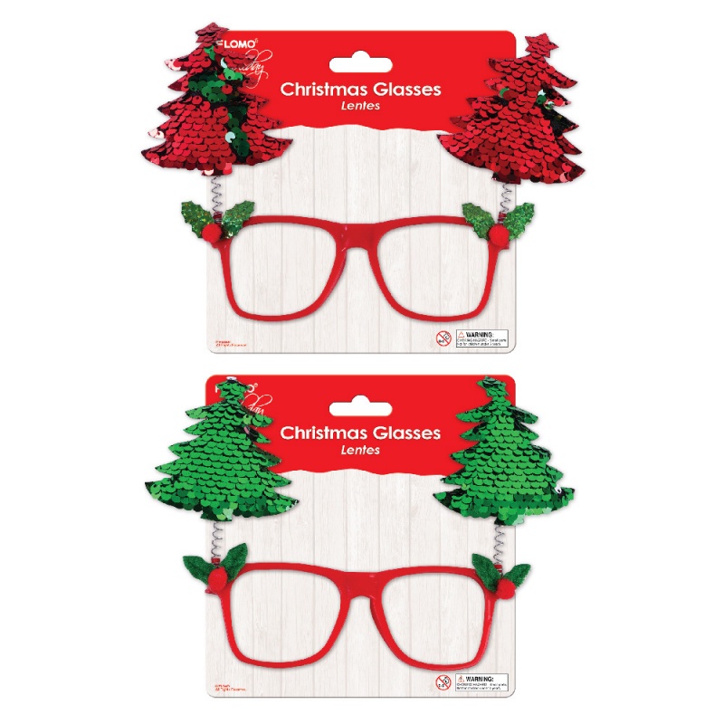 Christmas Tree Glasses - Red/Green, Reversible, Sequin