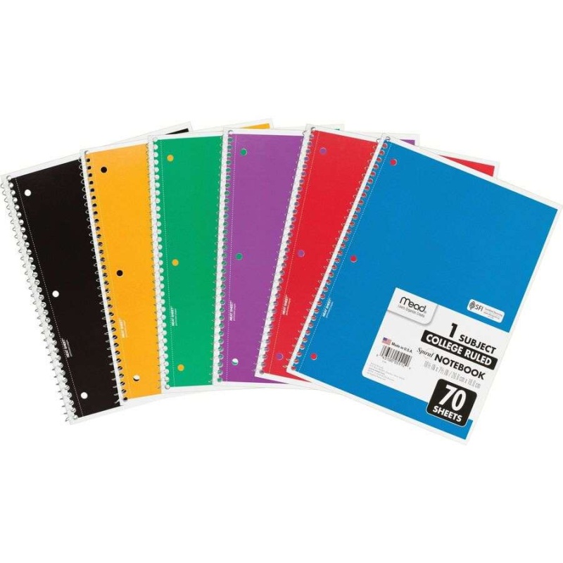 1 Subject Spiral Notebook - College Ruled, 70 Sheets, 6 Assorted Colors