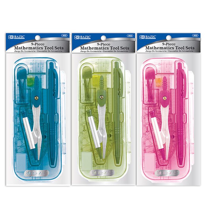 Math Tool Sets - 9 Piece, Assorted Bright Colors