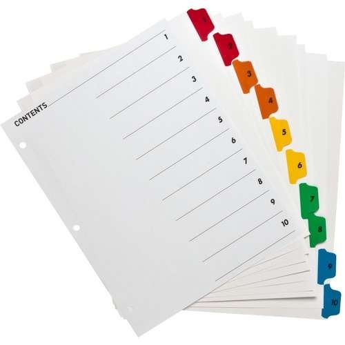 Index Dividers - 10 Tabs, 1-10, Assorted Color Tabs