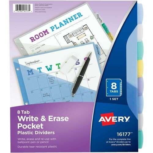 Plastic Index Dividers - 8 Tabs, Write-On, Pocket On Each