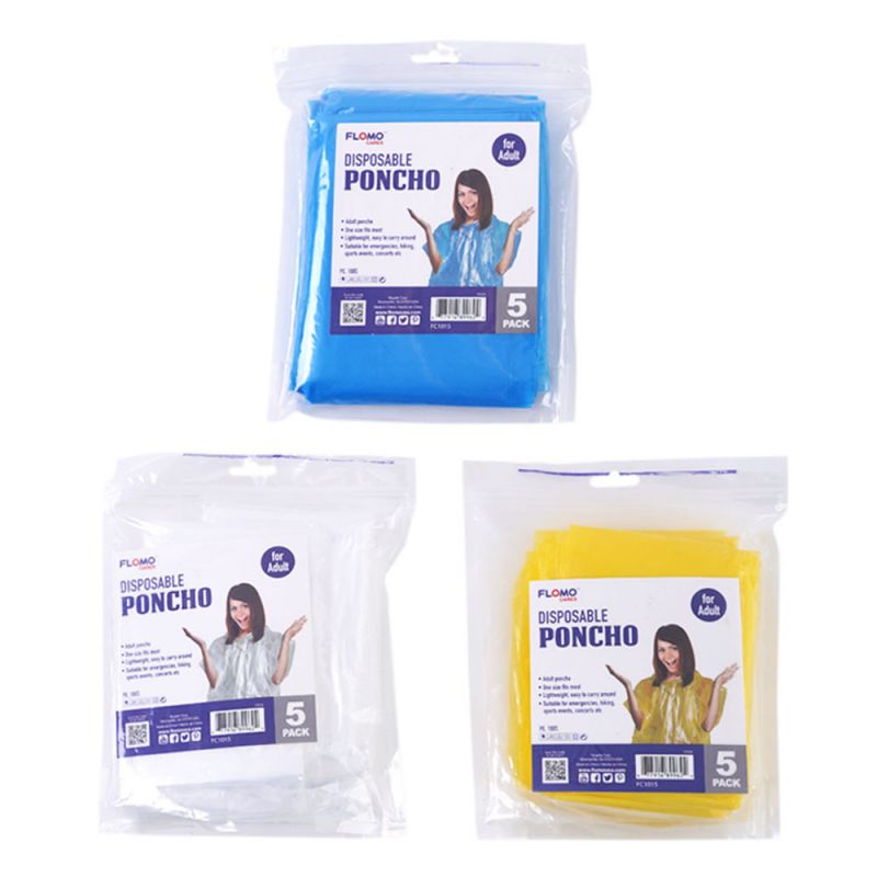 Disposable Ponchos - Assorted, Adults, 5-Pack