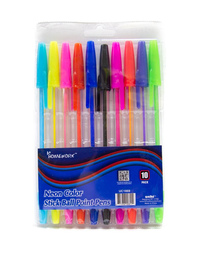 A+ Homework Stick Ballpoint Pens 10 Count, Assorted Neon Colors