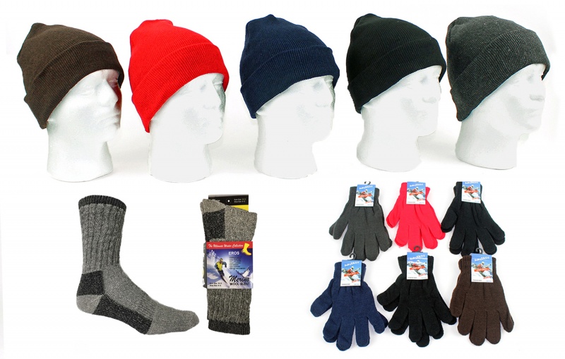 Men's Winter Wear - Knit Hat, Magic Gloves Wool Socks Combo