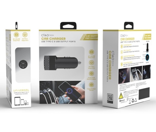 Black Car Chargers - 12V, USB-A & Type-C Dual Port Charger