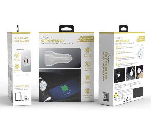 White Car Chargers - 12V, USB-A Type-C