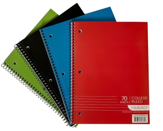 1 Subject College Ruled Spiral Notebooks - 70 Sheets, 4 Colors