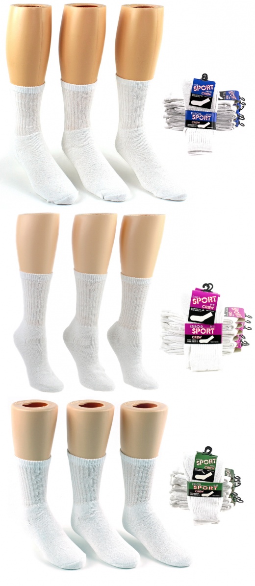 Athletic Crew Socks - White, Assorted Sizes, Family Combo Packs