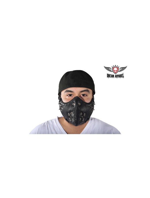 Black Leather Biker Face Mask with Spikes