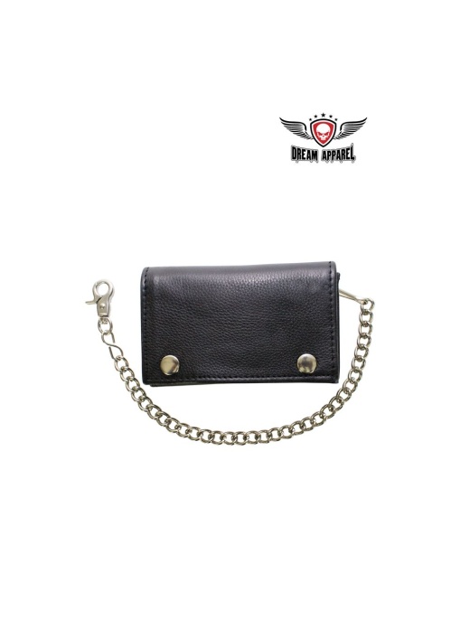 Black Naked Cowhide Leather Heavy Duty Biker Trifold Chain Wallet With Snaps
