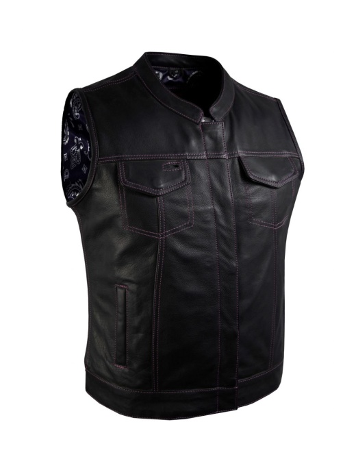 Dream Apparel Ladies Motorcycle Leather Club Vest - Purple Thread, Purple Paisley Lining