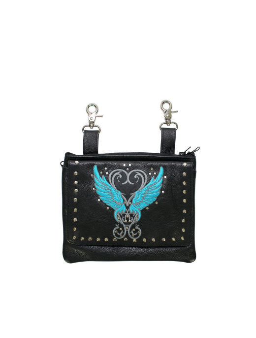 Studded Naked Cowhide Leather Belt Bag with Teal Wings