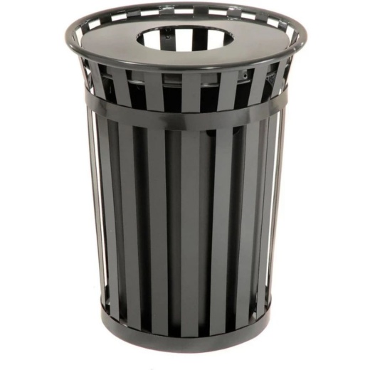 36 Gallon Slatted Steel Trash Can With Flat Lid And Liner - Black