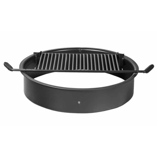 Steel Fire Ring With Flip-Up Cooking Grate And Tilt Back Staples