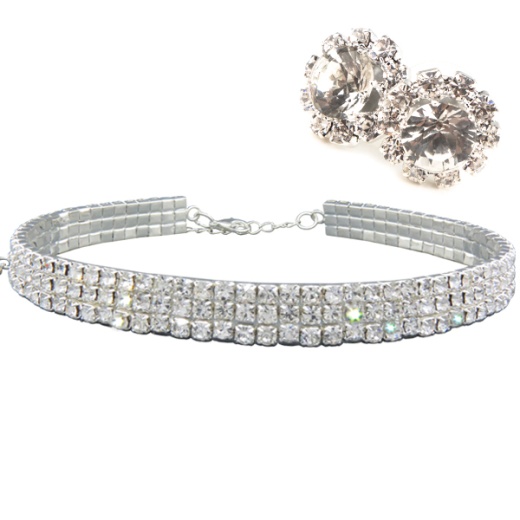 3 Row Adjustable Rhinestone Choker w/Button Crystal Earrings