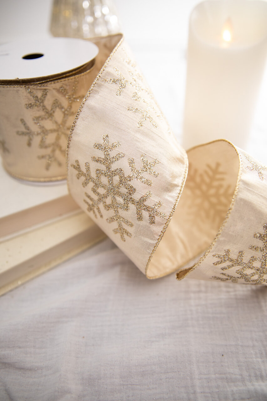 4” X 10 Yard Champagne/Gold Glitter Snowflake On Lame Ribbon