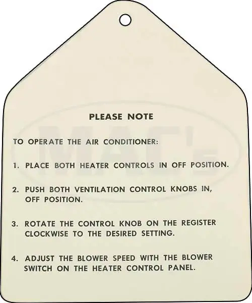 Air Conditioner Instruction Tag Galaxie 1960-1963