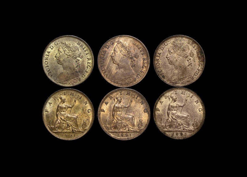 Great Britain, Victoria (1837-1901), Bronze Farthings, 1891 (3), Unc With Lustre, A Lot Of (3) Coins
