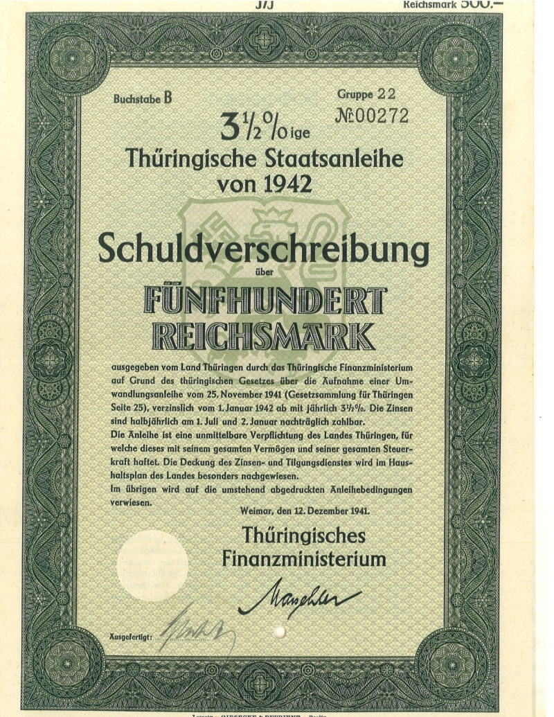 500 Reichsmark Nazi Germany Bond Issue, December 12Th, 1941