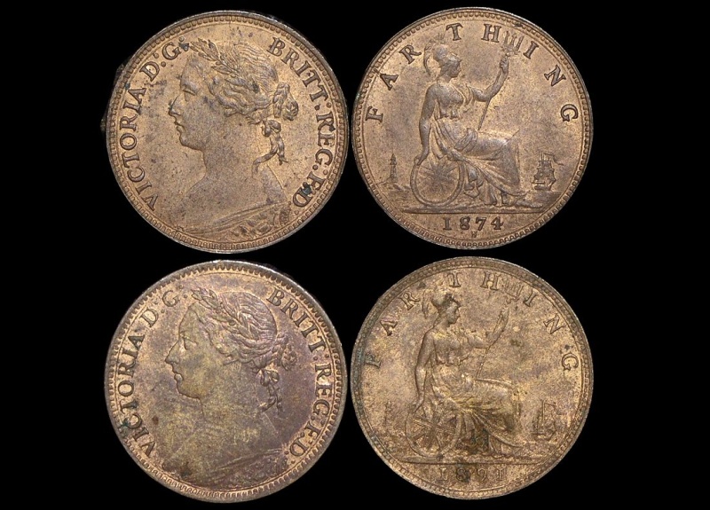 Great Britain, Victoria (1837-1901), Bronze Farthing, 1874H (1) Au Some Lustre (1), 1891 Au Some Lustre (1), A Lot Of (2) Coins