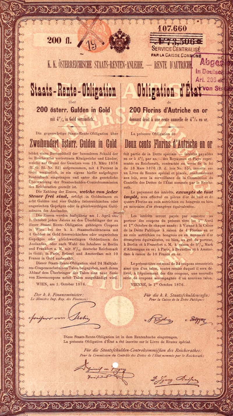 Austria State Bond, 200 Fl., 1876