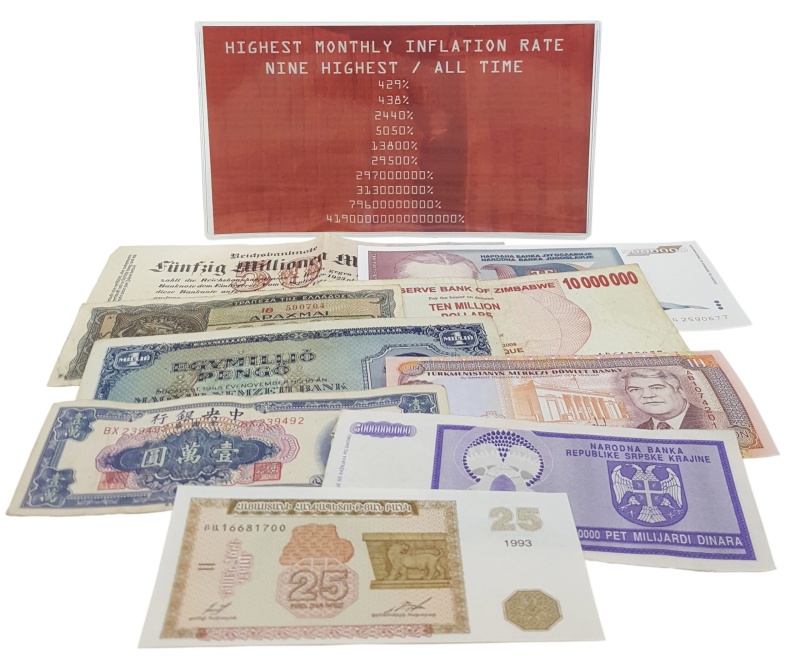 Hyperinflation: Nine Highest Countries All Time (Nine Banknotes) (Billfold)
