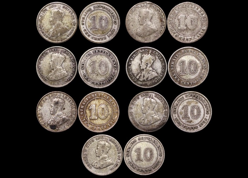Straits Settlements, George V, Silver 10 Cents, F-Vf, A Lot Of (7) Coins