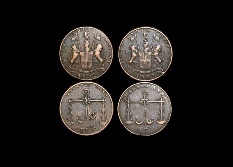 British East India Co., Bombay Presidency, Bombay Mint, 1/4 Anna2, 1832/1247 (1) Km231.2, 1832/1249 (1) Km 232, Vf-Ef, A Lot Of (2) Coins