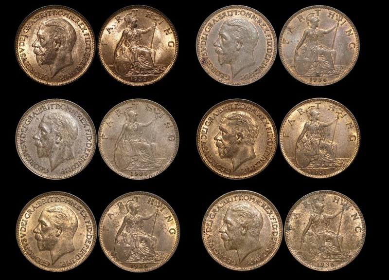 Great Britain, George V (1910-1936), Bronze Farthings (6), Unc With Some Lustre, A Few Spots, A Lot Of (6) Coins