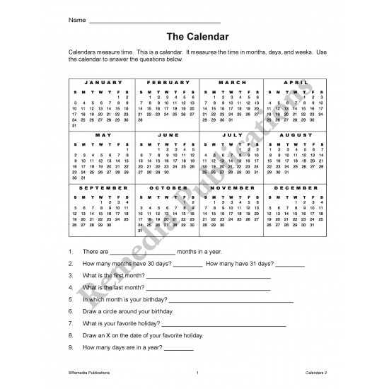Calendars (Grades 4-6)